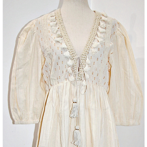 Z&L EUROPE Tassels Lace Trim Tiered Airy-Cotton Mini Dress in Ivory-Gold sz L - Picture 3 of 4